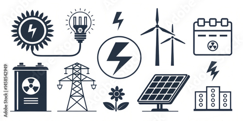 A diverse set of vector icons for web design, depicting various symbols like a radio tower, a broadcasting antenna, and other communication and technology illustrations