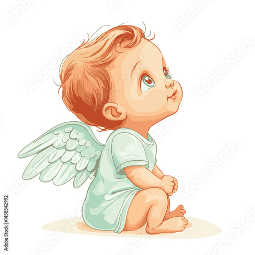Cute Baby Angel Cartoon Illustration With Wings Looking Upwards Hopeful Gaze