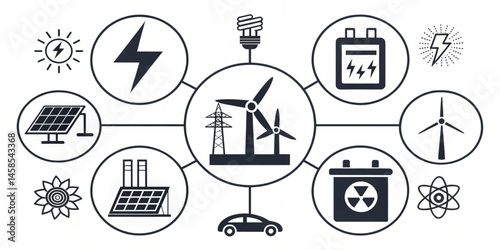 A diverse set of vector icons for web design, depicting various symbols like a radio tower, a broadcasting antenna, and other communication and technology illustrations