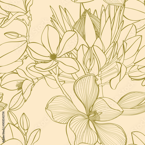 Garden exotic line flowers illustration. Magnolia, protea flowers drawings. Line art seamless pattern.