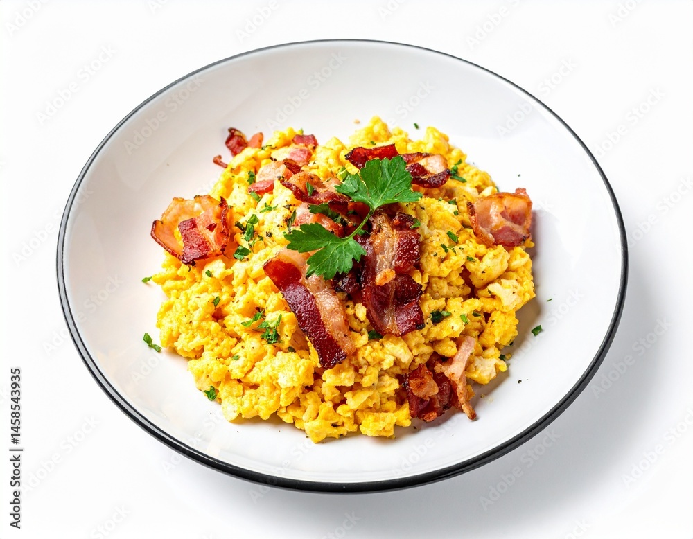 Scrambled eggs with crispy bacon, presented in a white bowl with a black rim, garnished with fresh parsley Scrambled eggs with crispy bacon, presented in a white bowl with a black rim, garnished with fresh parsley