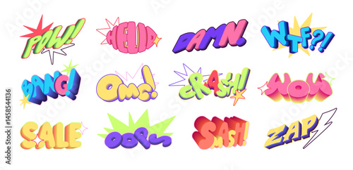 Set of comic sound effects. Speech bubbles, clouds, icons with words: POW, Oops, OMG, WTF, bang, damn. Expressions in explosions in superhero book style. Flat isolated vector illustrations on white