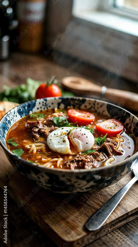 Delicious tomato soup with poached eggs, tomatoes, and herbs served in a ceramic bowl, steaming on a wooden table by a window. Delicious tomato soup with poached eggs, tomatoes, and herbs served in a ceramic bowl, steaming on a wooden table by a window.