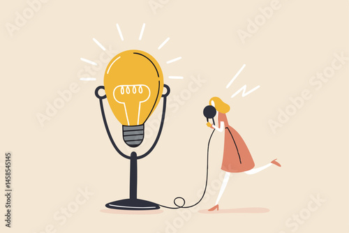 Motivation podcast, listen to inspiration idea for self improvement and career development, success story concept, inspired woman using headphone to listen to big lightbulb idea podcast microphone.