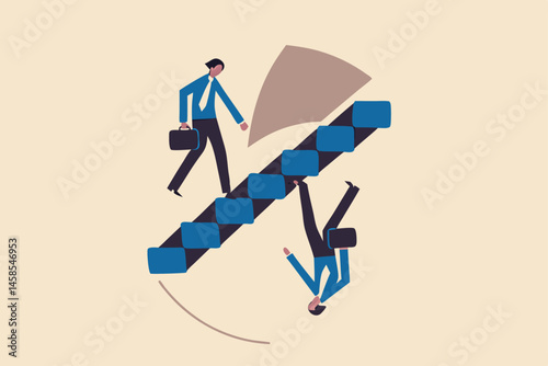 Business paradox, growth, improvement or different perspective or other side, fake or real, possible and impossible concept, ambitious businessman walk up stair while in paradox he walking down.