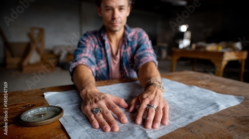 Young architect or designer working on blueprints at rustic workspace with vintage decor and tools