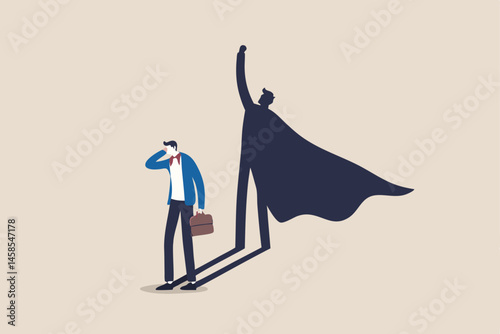 Self confidence or leadership to bring full potential and strength, motivation to achieve business success concept, self doubt businessman standing with his skillful power superhero shadow on the wall