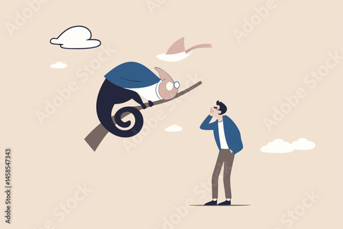 Business adaptability, change or evolve in uncertainty to survive and success, resilience or flexibility concept, businessman looking at chameleon reptile that evolved or transform into business suit.