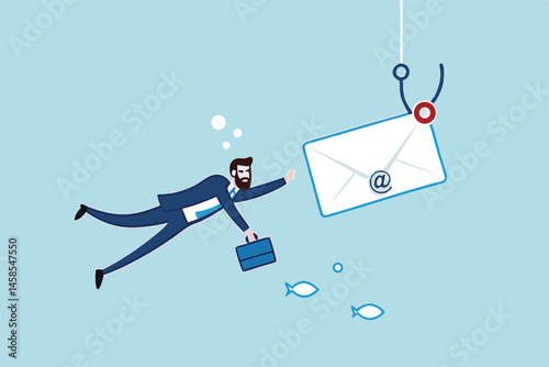 Phishing email, fraud or scam mail offer fake login or password form to steal personal information, online crime concept, greedy businessman diving underwater to catch email envelope with fishing hook