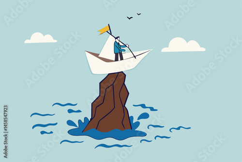 Life or business stuck, struggle with problem or obstacle, error, mistake or failure cause hopeless situation, business difficulty concept, hopeless businessman stuck on shipwrecked on high rock cliff