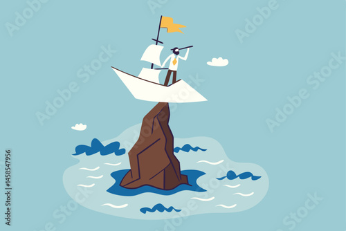Life or business stuck, struggle with problem or obstacle, error, mistake or failure cause hopeless situation, business difficulty concept, hopeless businessman stuck on shipwrecked on high rock cliff