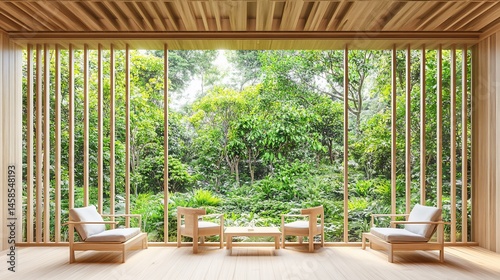 Tranquil wooden room with forest view