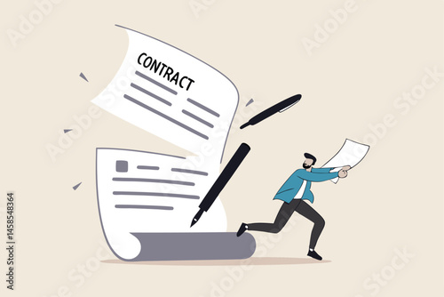Contract cancellation or agreement terminated, partnership breaking signed business deal, code of conduct mistake concept, confident businessman using sword to cut agreement contract document apart.