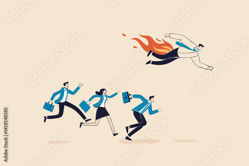 Competitive advantage to win business competition, innovation or creativity for winning strategy and success concept, smart businessman with rocket booster lead the way to win business competition.