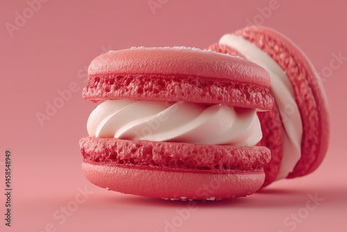 Delightful red macaron filled with creamy white frosting set against a soft pastel pink backdrop showcasing the elegance of gourmet pastries and the art of confectionery craftsmanship