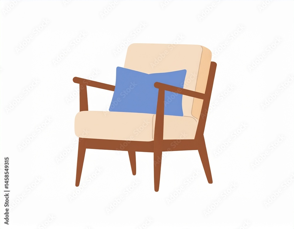 Fototapeta premium A mid-century modern armchair featuring a cream-colored seat and backrest with a blue pillow, set against a white background