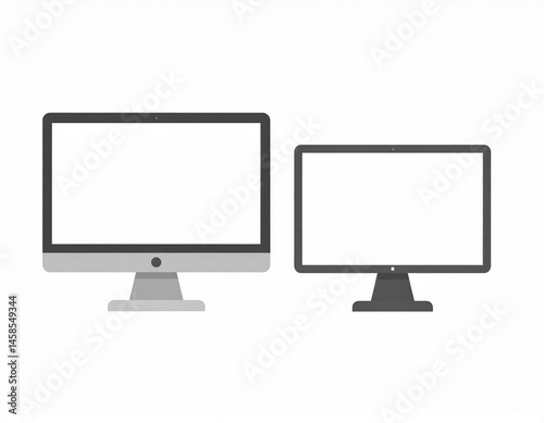 Two computer monitors are displayed side by side, one larger than the other, and both with a blank screen