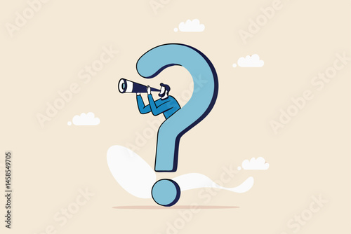 Curiosity explore unknown, search for solution or new business opportunity, seek for success concept, curios businessman with huge question mark look through binoculars to search for new business idea