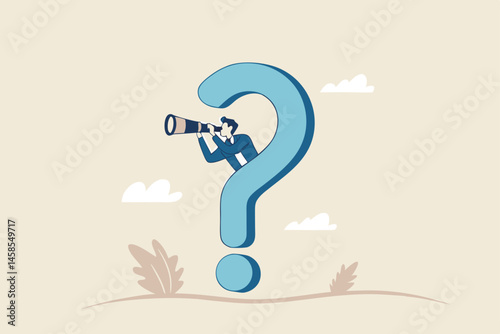 Curiosity explore unknown, search for solution or new business opportunity, seek for success concept, curios businessman with huge question mark look through binoculars to search for new business idea