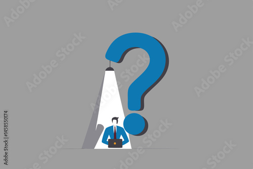 Hope in crisis, solution or opportunity in problem or difficulty, idea discovery to solve trouble concept, depressed businessman just discover light of hope and opportunity from question mark problem.