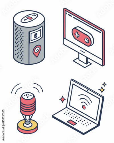 Flat Vector Icon Collection AI Assistant Devices, Smart Home Technology, Voice Control, Computer, Laptop, Microphone