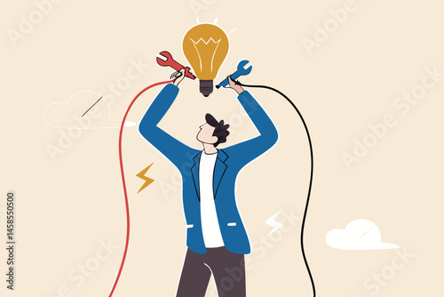 Jump start new business idea, knowledge to solve problem or creativity to think about solution concept, businessman connect electricity to lightbulb idea to lit up bright metaphor of solution idea.