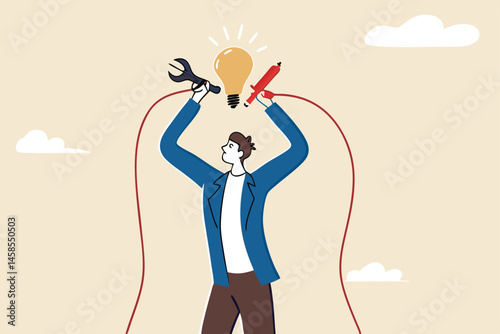 Jump start new business idea, knowledge to solve problem or creativity to think about solution concept, businessman connect electricity to lightbulb idea to lit up bright metaphor of solution idea.
