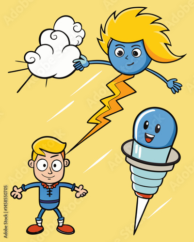Weather Heroes Cartoon Characters of Sun, Cloud, and Lightning