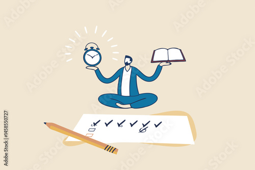 Self discipline or self control to complete work or achieve business target, time management to increase productivity concept, businessman meditate balancing clock and calendar on completed task paper