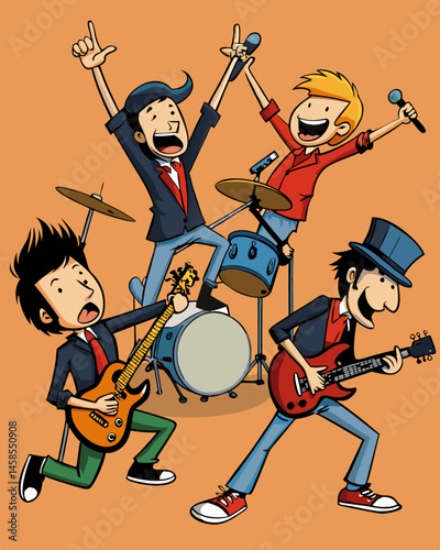 Energetic Cartoon Band Performing Live on Stage Rock Music Illustration