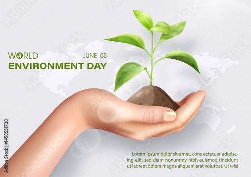 Poster illustration concept of World Environment's day with realistic seeding on human hand, wording of event, example texts on white background.