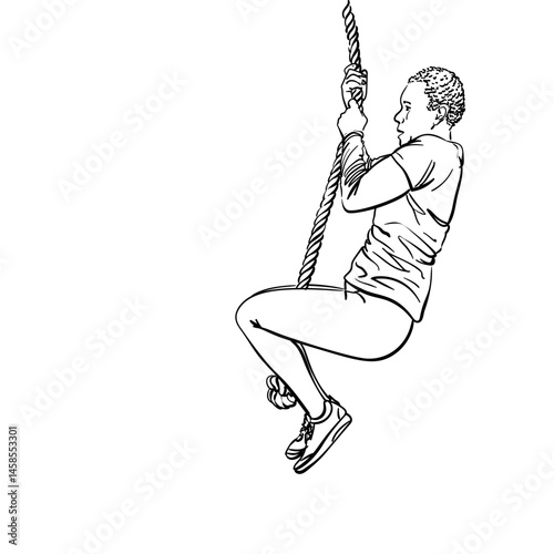 Hand-drawn vector illustration of a ordinary African woman climbing a rope with focused determination. Clean black and white line art without shading. Fitness, empowerment, sports training concepts