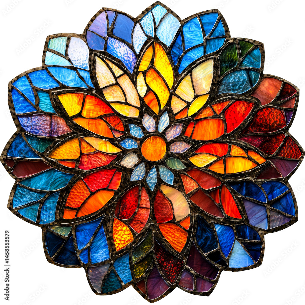 Stained glass rosette, colorful flower shape on black, cut out transparent Stained glass rosette, colorful flower shape on black, cut out transparent