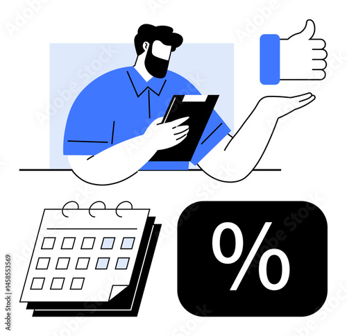 Man holding clipboard, assessing plans, with thumbs-up icon, calendar, and percentage sign. Ideal for management, organization, productivity approval planning calculations goals. Flat simple