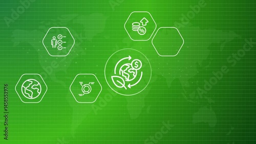 Green economy eco friendly economic financial aspect of conservation sustainable environment friendly world map ethical animated background