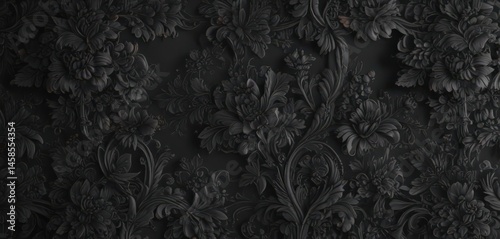 Black charcoal floral wallpaper with ornate details  Elegant, sophisticated, intricate design , floral, ornate
