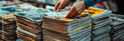 Stacks of newspapers and magazines, someone sorting through them
