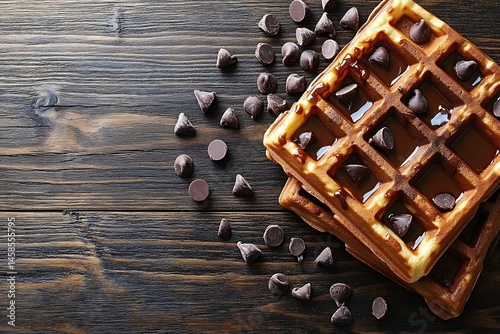 Delicious waffles drizzled with chocolate and chocolate chips photo