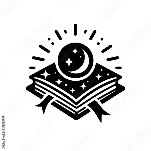 Celestial Book Icon: Moon, Stars, & Ribbon, Vector Graphic