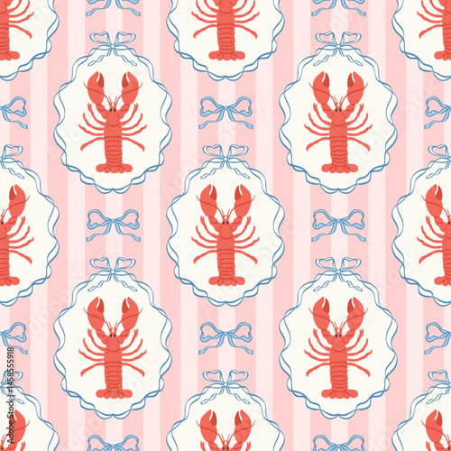 Seamless pattern with hand drawn lobster in ribbon frame with bow. Mediterranean elegant background. Marine vintage wallpaper with seafood, crawfish. Summer coastal ocean print. Vector illustration.