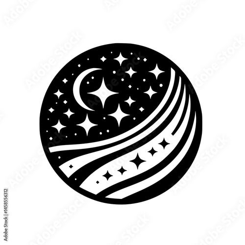 Celestial Circle: Black and White Space Design, Modern Illustration