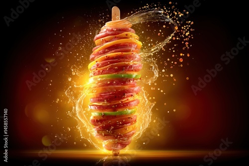 Deliciously vibrant layered shish kebab featuring colorful vegetables and spices against a dramatic glowing backdrop showcasing exemplary culinary artistry captured with clarity