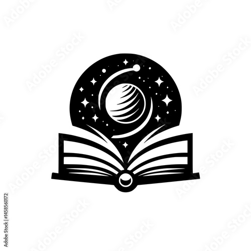 Cosmic Book: Silhouette Illustration of a book opening to a planet and stars.