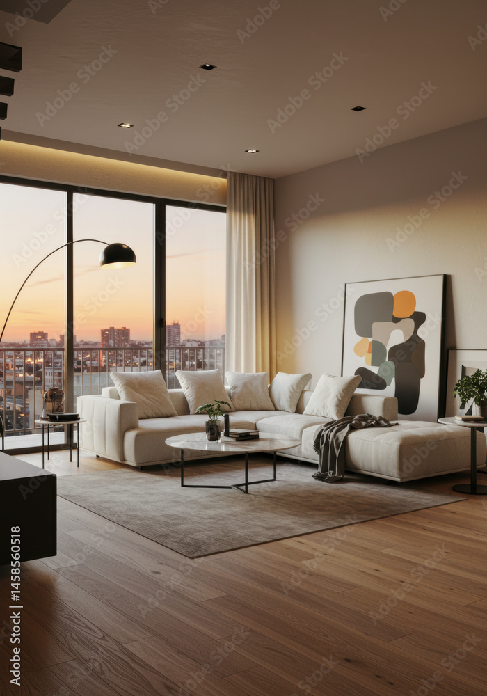 Fototapeta premium A modern living room showcases a comfortable sofa, art and city views during the sunset.