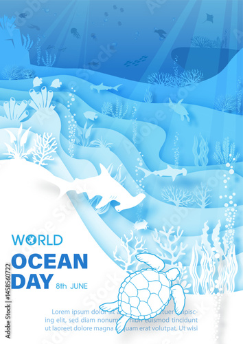 Poster campaign of world ocean day with scene of under the sea and ocean in layers paper cut style and vector design.