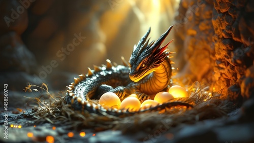 A majestic dragon coils protectively around a clutch of glowing eggs in a serene cave. Soft light illuminates the rocky surroundings, creating an enchanting atmosphere. photo
