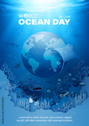Image of the deep sea and ocean scene with 3d globe in poster illustration campaign of world ocean day with wording of event, example texts on navy blue background.