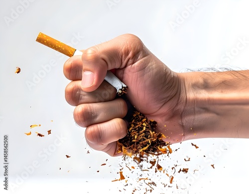 Realistic Human Hand Crushing Cigarette on White Background – Anti Smoking Concept