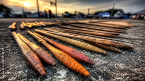 Wooden sticks on ground at sunset