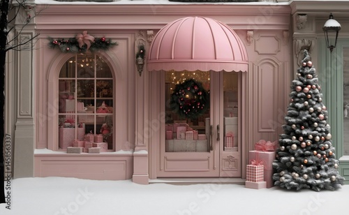 Pink Christmas storefront backdrop with snowy sidewalk,  boutique window display, awning, decorated tree, wrapped gifts, festive wreath, holiday decorations.